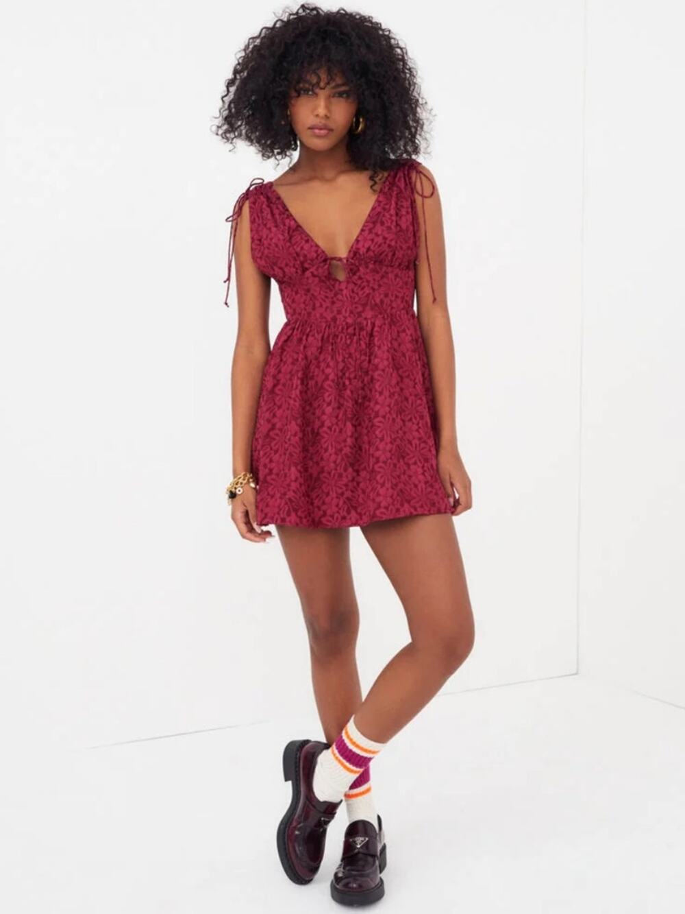 Women's Red Lace Tie-Shoulder Mini Dress